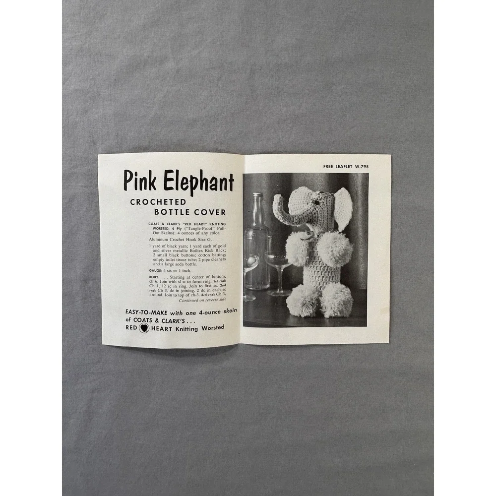 Vintage  Pink Elephant Crochet Bottle Cover‎ Leaflet Pattern Knitting Crafting
